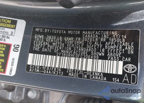 2015 Toyota Corolla Le z USA, uszkodzony, nr VIN 2T1BURHE0FC306499